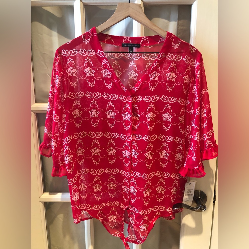 Signature Studio womens red sheer floral short sleeve blouse with knot tie